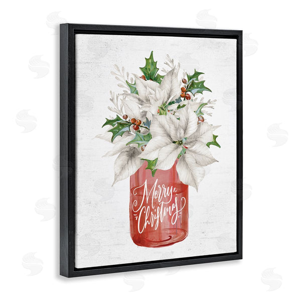Stupell Industries Lettered And Lined | Merry Christmas White Poinsettia Holly Berries Bouquet Wall Art