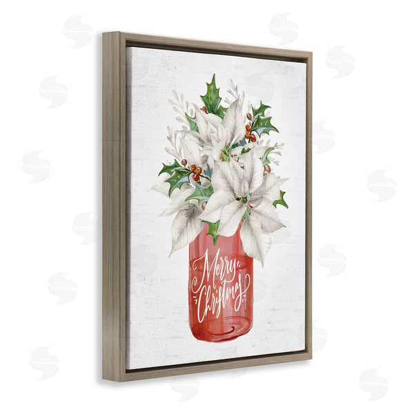 Stupell Industries Lettered And Lined | Merry Christmas White Poinsettia Holly Berries Bouquet Wall Art