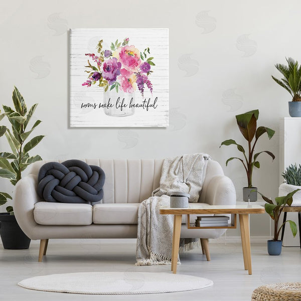 Stupell Industries Lettered And Lined | Mom's Make Life Beautiful Watercolor Flower Bouquet Wall Art