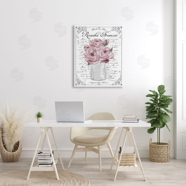Stupell Industries Lettered And Lined | Pink Roses Bouquet French Words Fancy Script Background Wall Art