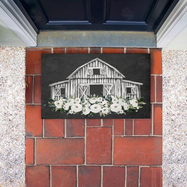 Stupell Industries Lettered And Lined | Rustic Barn With White Roses Non-Woven Door Mat
