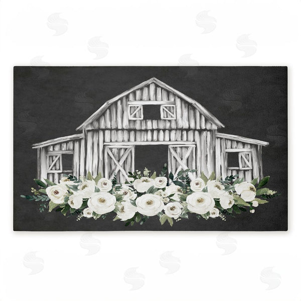 stupell industries Lettered and Lined | Rustic Barn with White Roses Non-Woven Door Mat