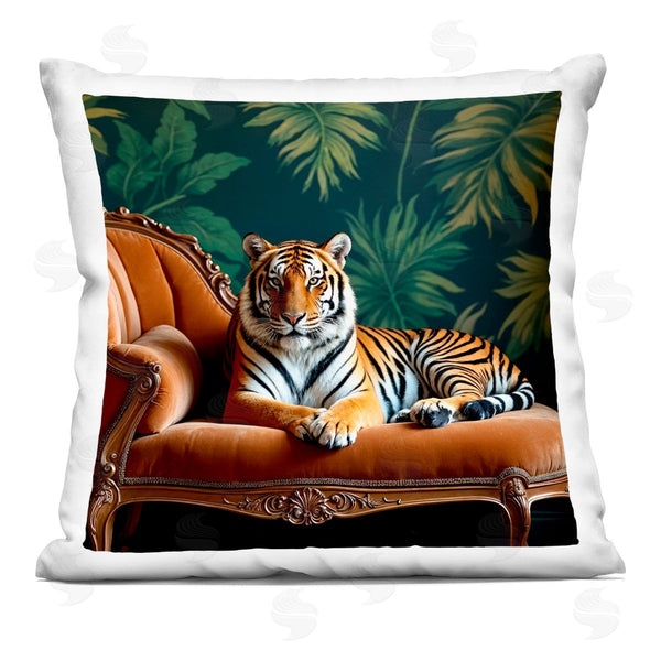stupell industries Lettered and Lined | Tiger Lounging on Chaise Printed Throw Pillow