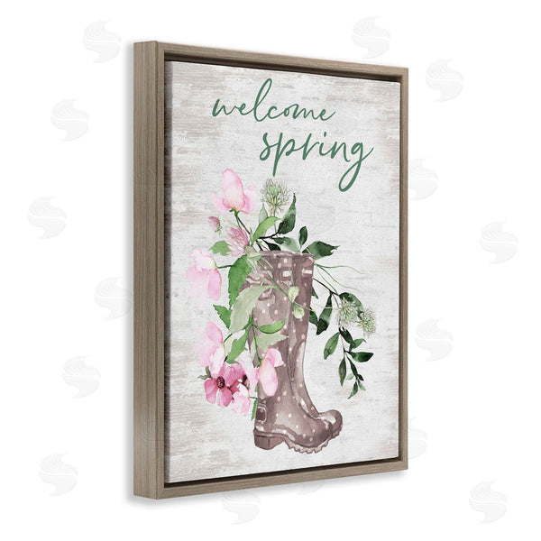 Stupell Industries Lettered And Lined | Welcome Spring Seasonal Rain Boots Flower Arrangement Wall Art