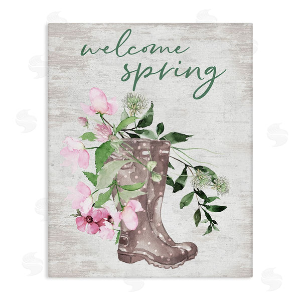 stupell industries Lettered and Lined | Welcome Spring Seasonal Rain Boots Flower Arrangement Wall Art