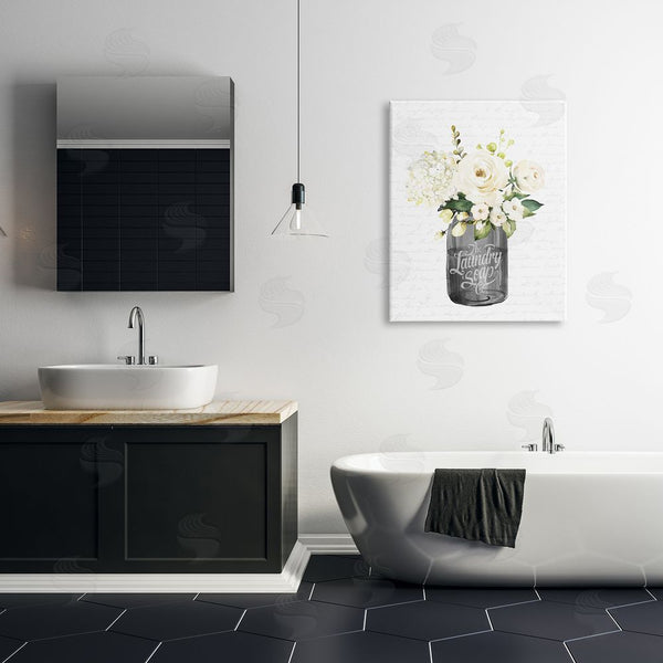 Stupell Industries Lettered And Lined | White Flower Blossoms Laundry Jar Fancy Script Wall Art