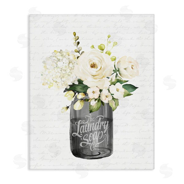 stupell industries Lettered and Lined | White Flower Blossoms Laundry Jar Fancy Script Wall Art