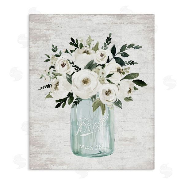 stupell industries Lettered and Lined | White Ranunculus Floral Bouquet Blue Canning Jar Wall Art