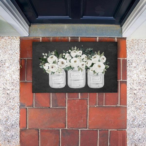 Stupell Industries Lettered And Lined | White Roses In Country Jars Non-Woven Door Mat