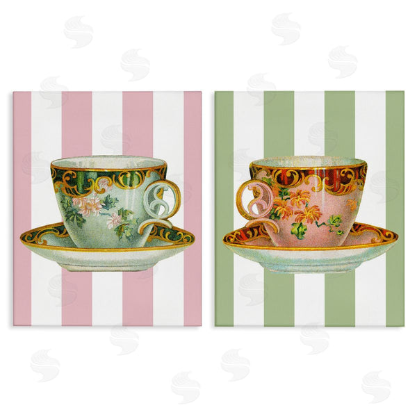 stupell industries Lil' Rue | Classic Teacups over Stripes