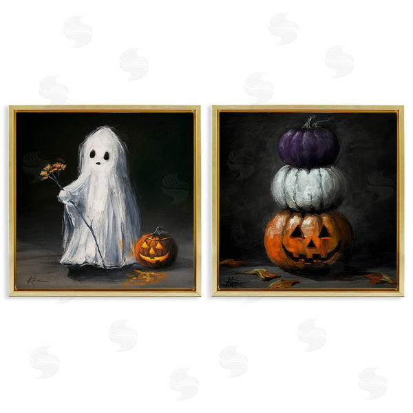 Stupell Industries Lindsay Kivi Fine Art | Vintage Halloween Ghost & Pumpkin Stack
