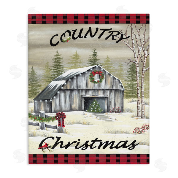 stupell industries Lisa Kennedy | Country Christmas Festive Snowy Farmland Tartan Border Wall Art