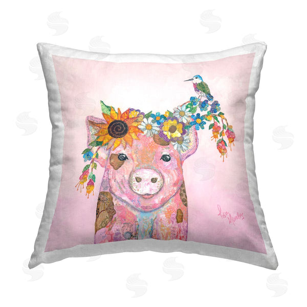 stupell industries Lisa Morales | Abstract Pink Floral Pig & Bird Printed Throw Pillow
