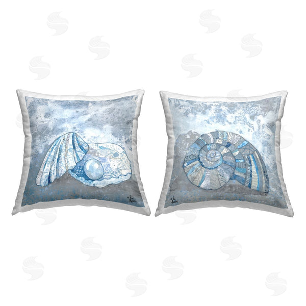 stupell industries Lisa Morales | Blue Collaged Clam Seashell Aquatic Beach Life Printed Throw Pillow Set