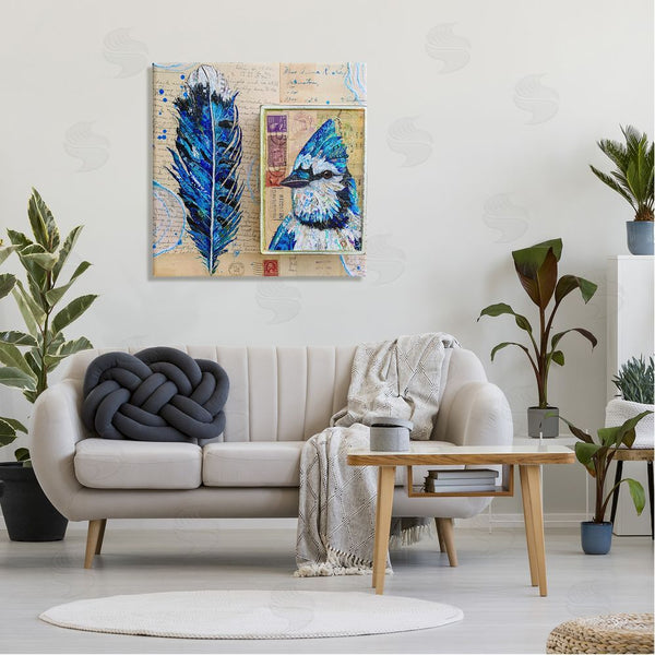 Stupell Industries Lisa Morales | Blue Jay Collaged Ephemera Feather Bird Painting Wall Art