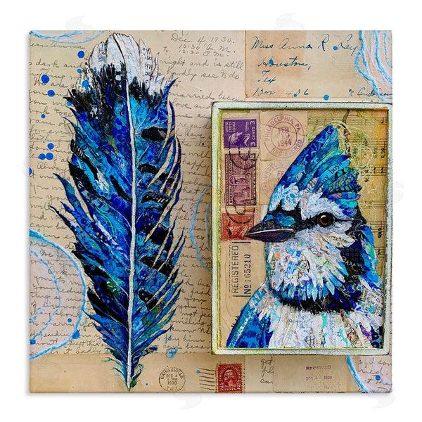 stupell industries Lisa Morales | Blue Jay Collaged Ephemera Feather Bird Painting Wall Art