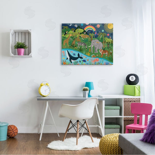 Stupell Industries Lisa Perry Whitebutton | Jungle Animals Sea Creatures Under Night Sky Planets Wall Art