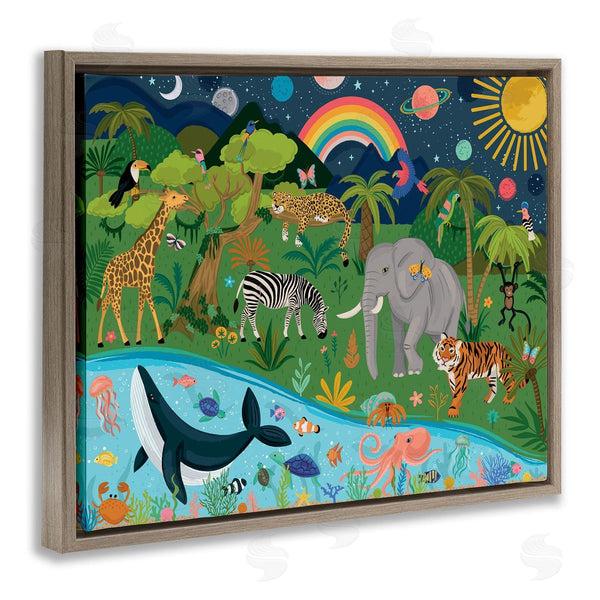 Stupell Industries Lisa Perry Whitebutton | Jungle Animals Sea Creatures Under Night Sky Planets Wall Art