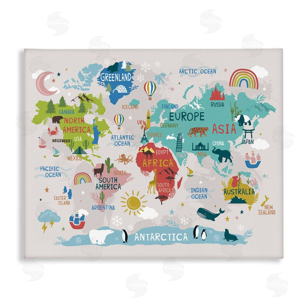 stupell industries Lisa Perry Whitebutton | Landmarks & Wildlife Illustration World Map Diagram Chart Wall Art