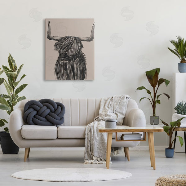 Stupell Industries Lisa Perry Whitebutton | Longhorn Highland Cattle Charcoal Line Drawing Portrait Wall Art