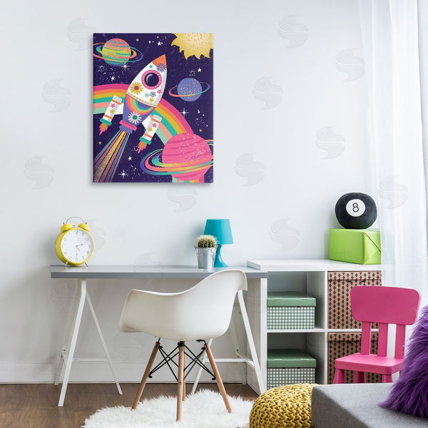 Stupell Industries Lisa Perry Whitebutton | Magical Space Rocket Playful Rainbow Solar System Wall Art