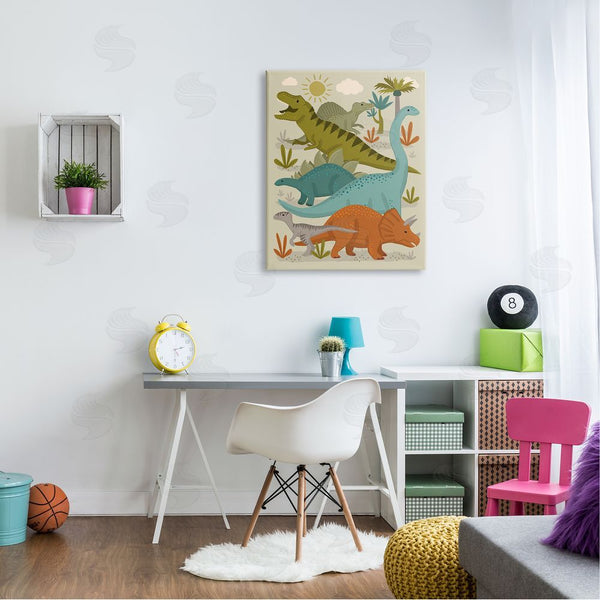 Stupell Industries Lisa Perry Whitebutton | Mixed Dinosaurs Grazing Wildlife Botanicals Sunny Day Wall Art