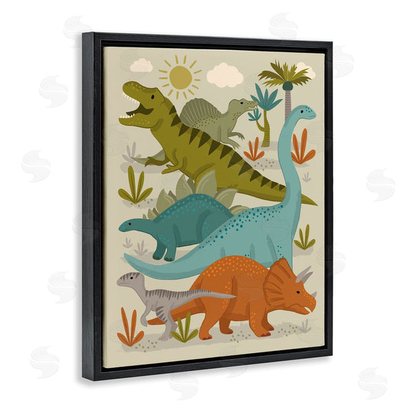 Stupell Industries Lisa Perry Whitebutton | Mixed Dinosaurs Grazing Wildlife Botanicals Sunny Day Wall Art