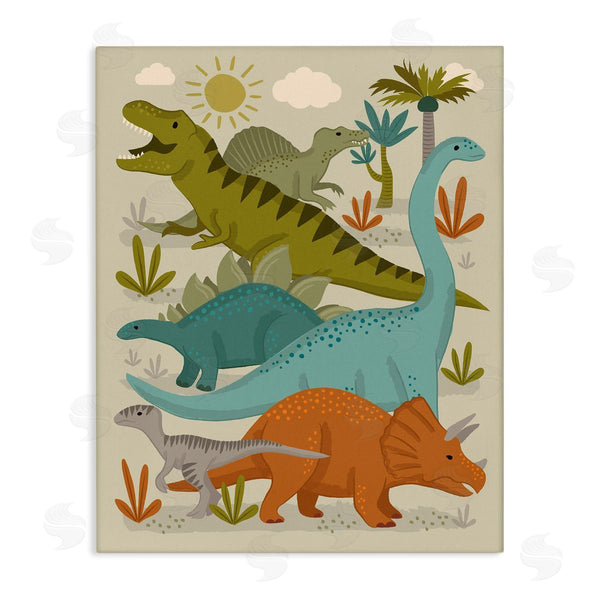 stupell industries Lisa Perry Whitebutton | Mixed Dinosaurs Grazing Wildlife Botanicals Sunny Day Wall Art