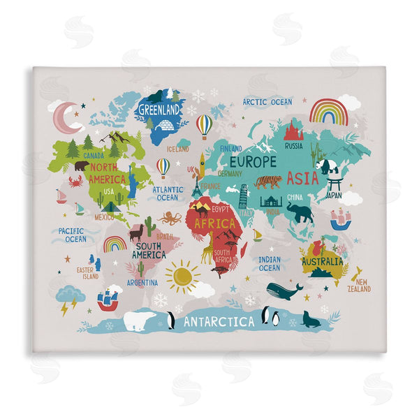 stupell industries Lisa Perry Whitebutton | Native Animals World Map Educational Wildlife Atlas Wall Art