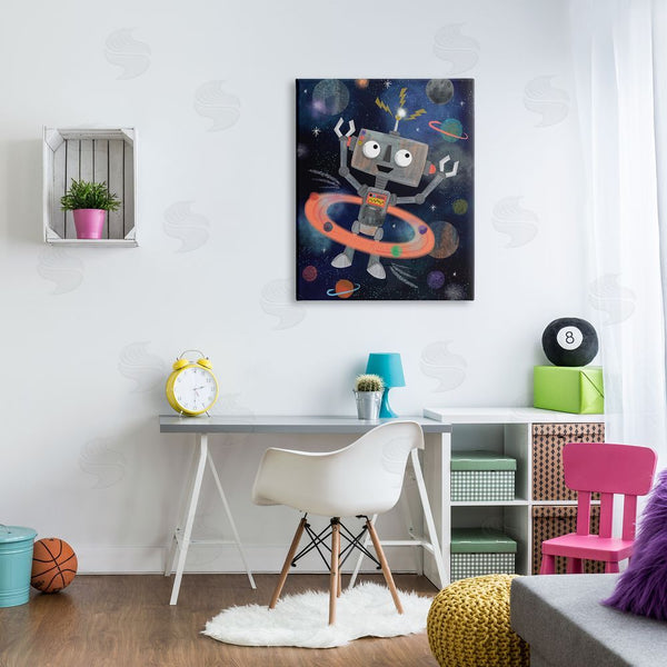 Stupell Industries Lisa Perry Whitebutton | Quirky Robot Outer Space Universe Surrounding Planets Wall Art
