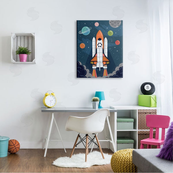 Stupell Industries Lisa Perry Whitebutton | Rocket Ship Ready For Flight Outer Space Planets Wall Art