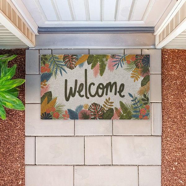 Stupell Industries Lisa Perry Whitebutton | Whimsical Welcome Tropical Entry Faux Sisal Door Mat