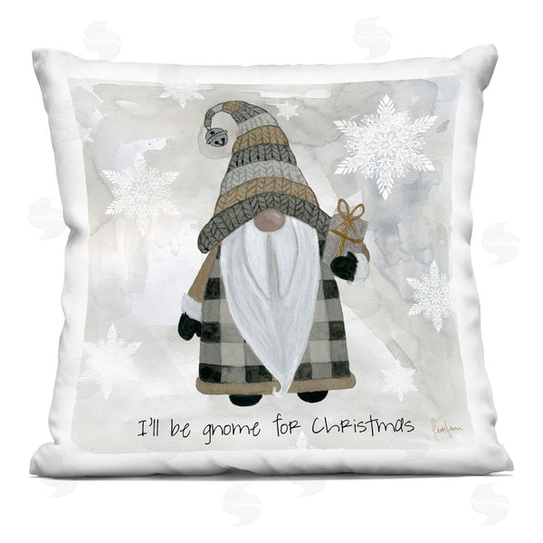 stupell industries Livi + Fin | Cozy Gnome Holding Gift Holiday Snowflakes Printed Throw Pillow