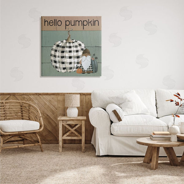 Stupell Industries Livi Finn | Hello Pumpkin Rustic Greeting Patchwork Plaid Gnome Wall Art