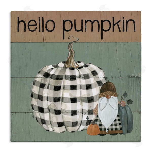 stupell industries Livi Finn | Hello Pumpkin Rustic Greeting Patchwork Plaid Gnome Wall Art