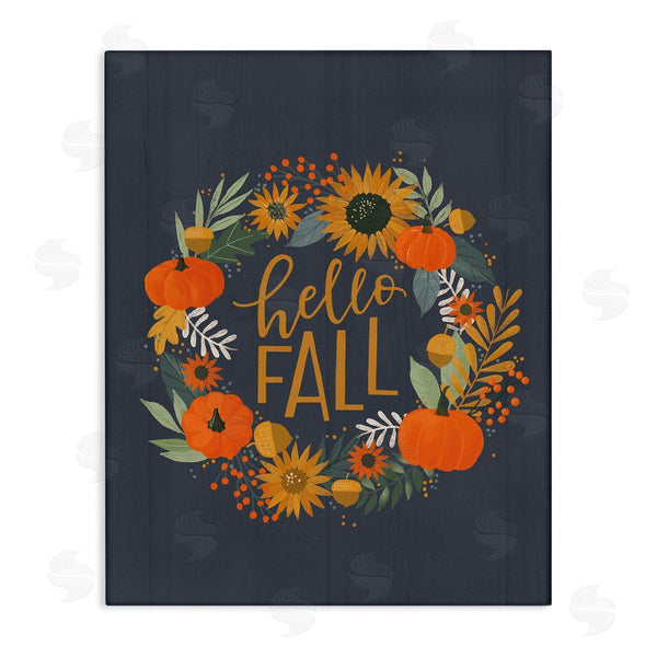 stupell industries Loni Harris | Hello Fall Autumn Greeting Sunflower Pumpkin Wreath Wall Art