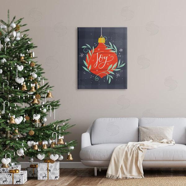 Stupell Industries Loni Harris | Joy Sentiment Festive Red Holiday Ornament Grey Plaid Wall Art