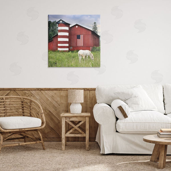 Stupell Industries Lori Deiter | Grazing White Horse Red Americana Barn Flag Wall Art
