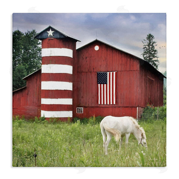 stupell industries Lori Deiter | Grazing White Horse Red Americana Barn Flag Wall Art