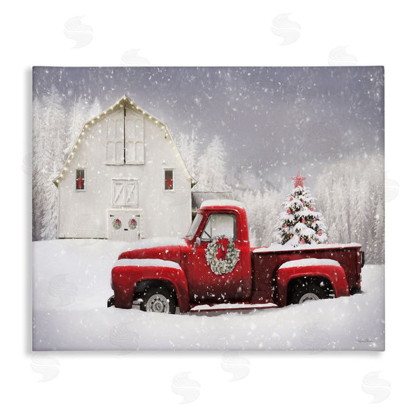 stupell industries Lori Deiter | Red Truck Parked Snowy Decorated Christmas Barn Wall Art