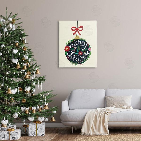 Stupell Industries Louise Allen Designs | Merry Christmas Hanging Botanical Ornament Red Bow Wall Art