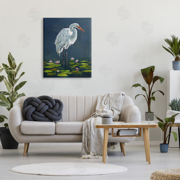 Stupell Industries Lucca Sheppard | Egret Bird Standing Lily Pad Pond Deep Blue Wall Art