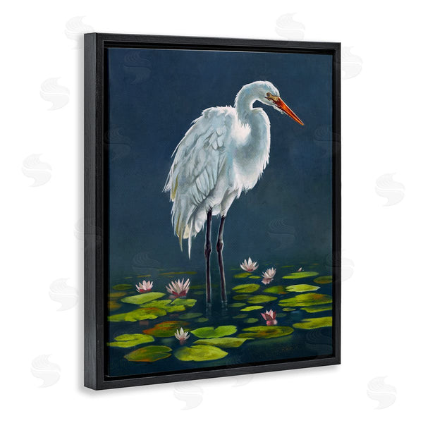 Stupell Industries Lucca Sheppard | Egret Bird Standing Lily Pad Pond Deep Blue Wall Art