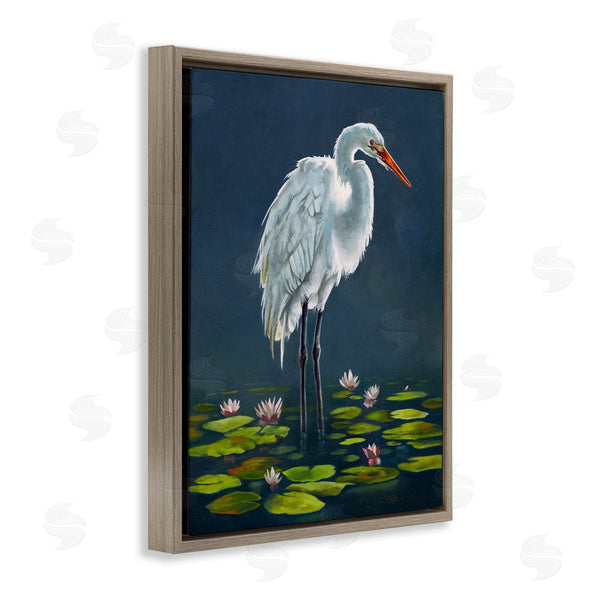 Stupell Industries Lucca Sheppard | Egret Bird Standing Lily Pad Pond Deep Blue Wall Art