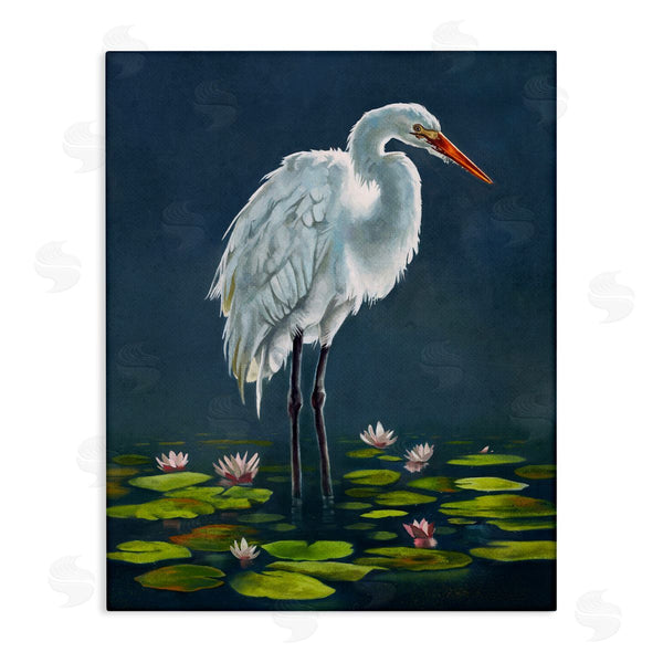 stupell industries Lucca Sheppard | Egret Bird Standing Lily Pad Pond Deep Blue Wall Art