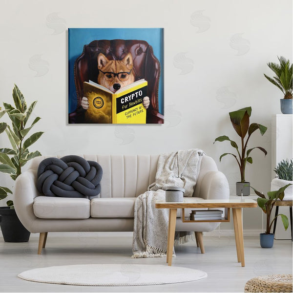 Stupell Industries Lucia Heffernan | Crypto For Newbies Funny Dog Reading Book Armchair Wall Art
