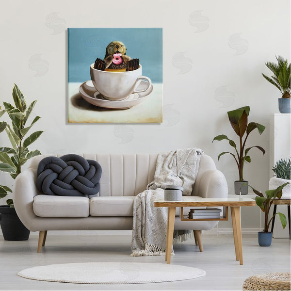 Stupell Industries Lucia Heffernan | Cute Seal Pink Donut Floating Coffee Tea Cup Wall Art