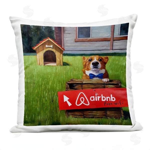 Stupell Industries Lucia Heffernan | Doghouse Rental Bowtie Humorous Backyard Corgi Printed Throw Pillow