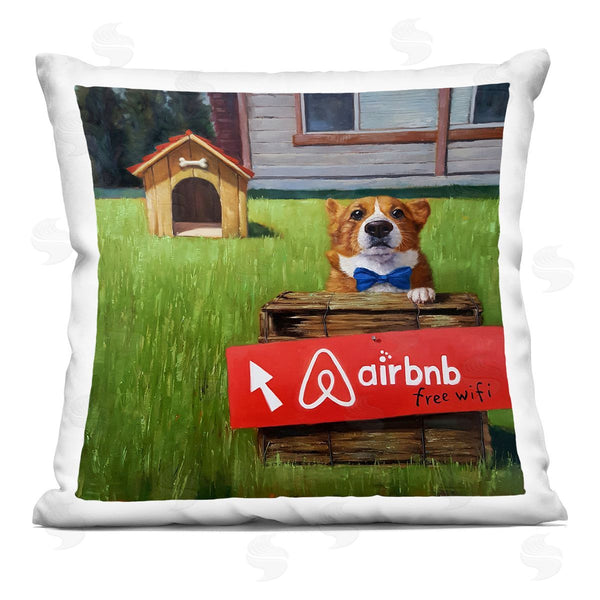 stupell industries Lucia Heffernan | Doghouse Rental Bowtie Humorous Backyard Corgi Printed Throw Pillow