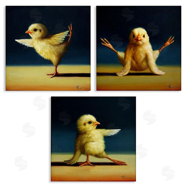 stupell industries Lucia Heffernan | Funny Yoga Chick Trio Farm Birds Stretching Poses Wall Art